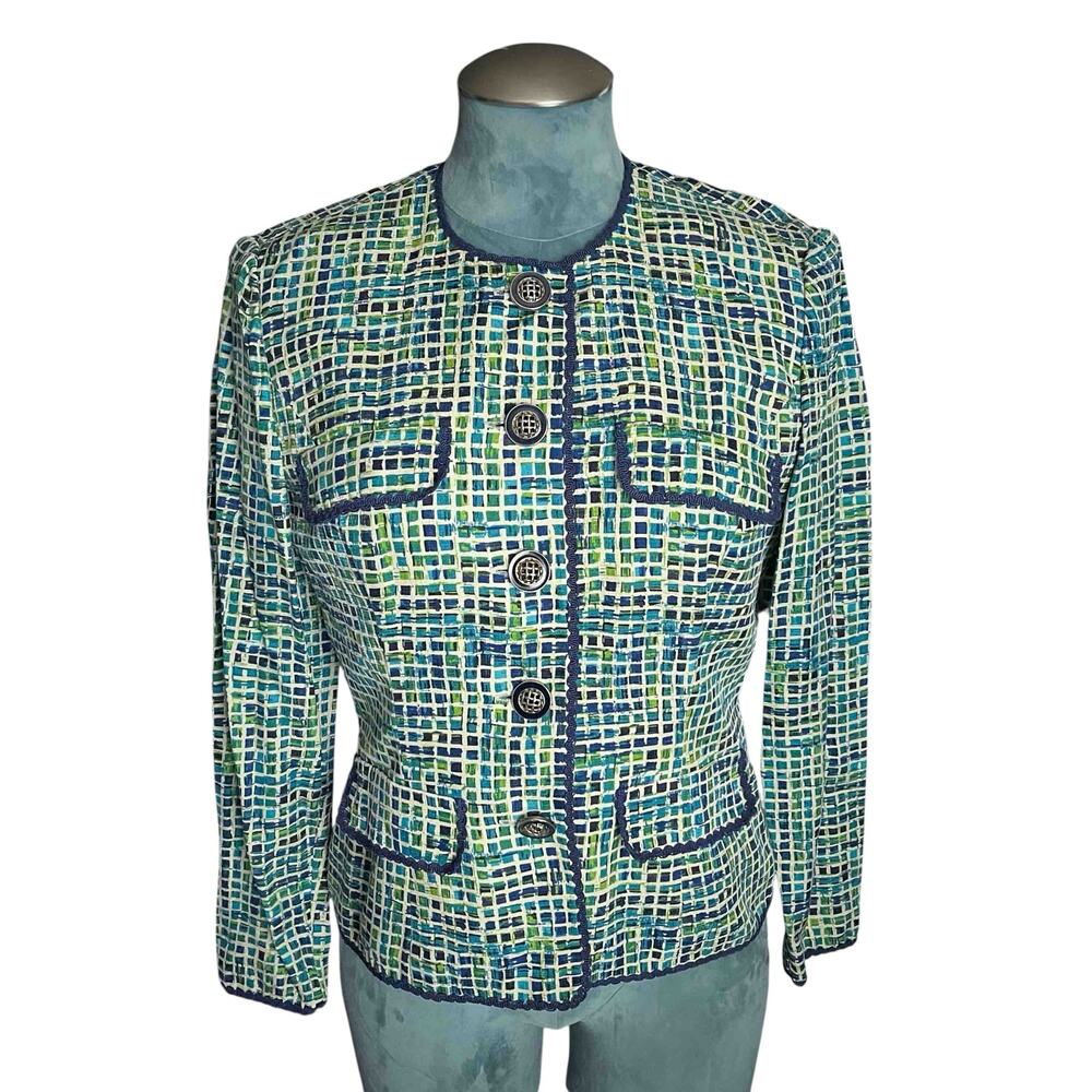 Womens Vtg Safe Silk by Adrianna Papell Blazer Watercolor Windowpane Silk Size 6